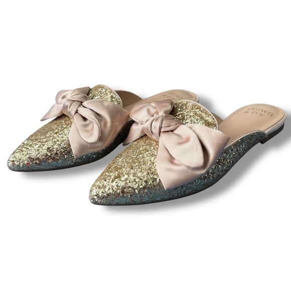 Crown & Ivy Elise Bow Glitter Mules Slip On Flats Size 6 - Picture 2 of 11